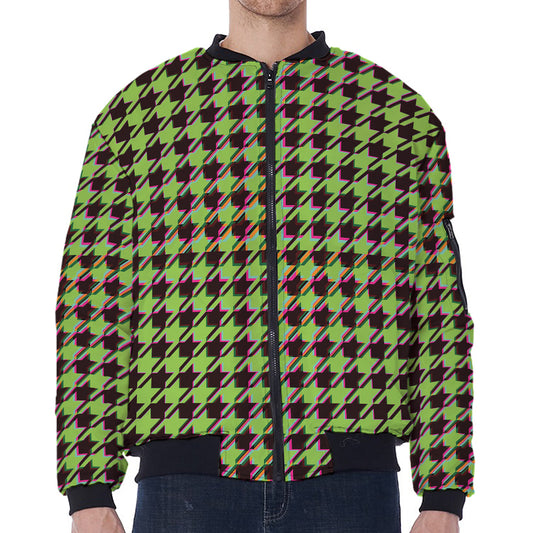 Trippy green Houndstooth Pattern Print Zip Sleeve Bomber Jacket