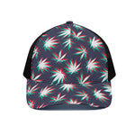Trippy Hemp Leaves Reggae Pattern Print Black Mesh Trucker Cap