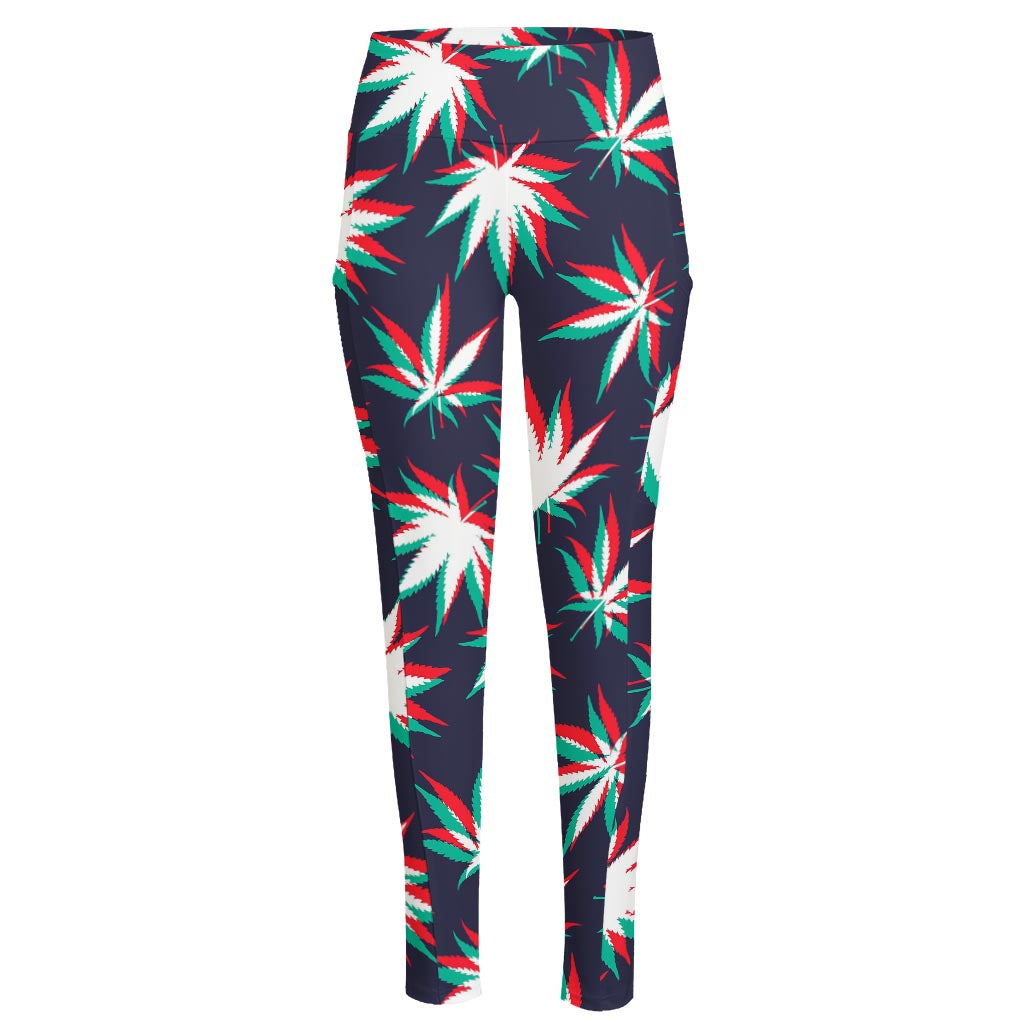 Trippy Hemp Leaves Reggae Pattern Print High-Waisted Pocket Leggings