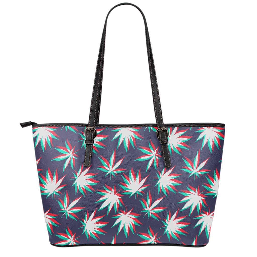 Trippy Hemp Leaves Reggae Pattern Print Leather Tote Bag