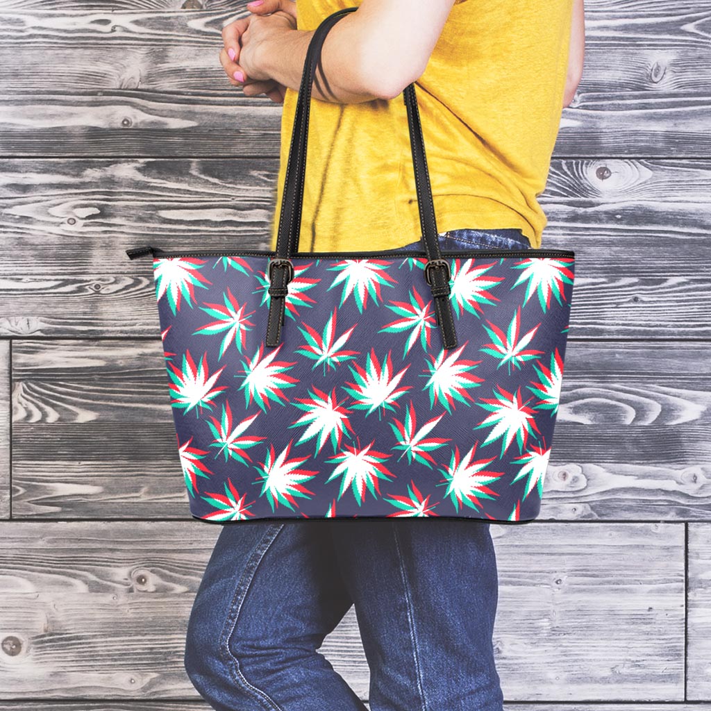 Trippy Hemp Leaves Reggae Pattern Print Leather Tote Bag