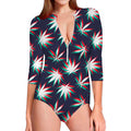 Trippy Hemp Leaves Reggae Pattern Print Long Sleeve Swimsuit