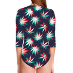 Trippy Hemp Leaves Reggae Pattern Print Long Sleeve Swimsuit