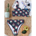 Trippy Hemp Leaves Reggae Pattern Print One Shoulder Bikini Top