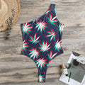 Trippy Hemp Leaves Reggae Pattern Print One Shoulder Bodysuit
