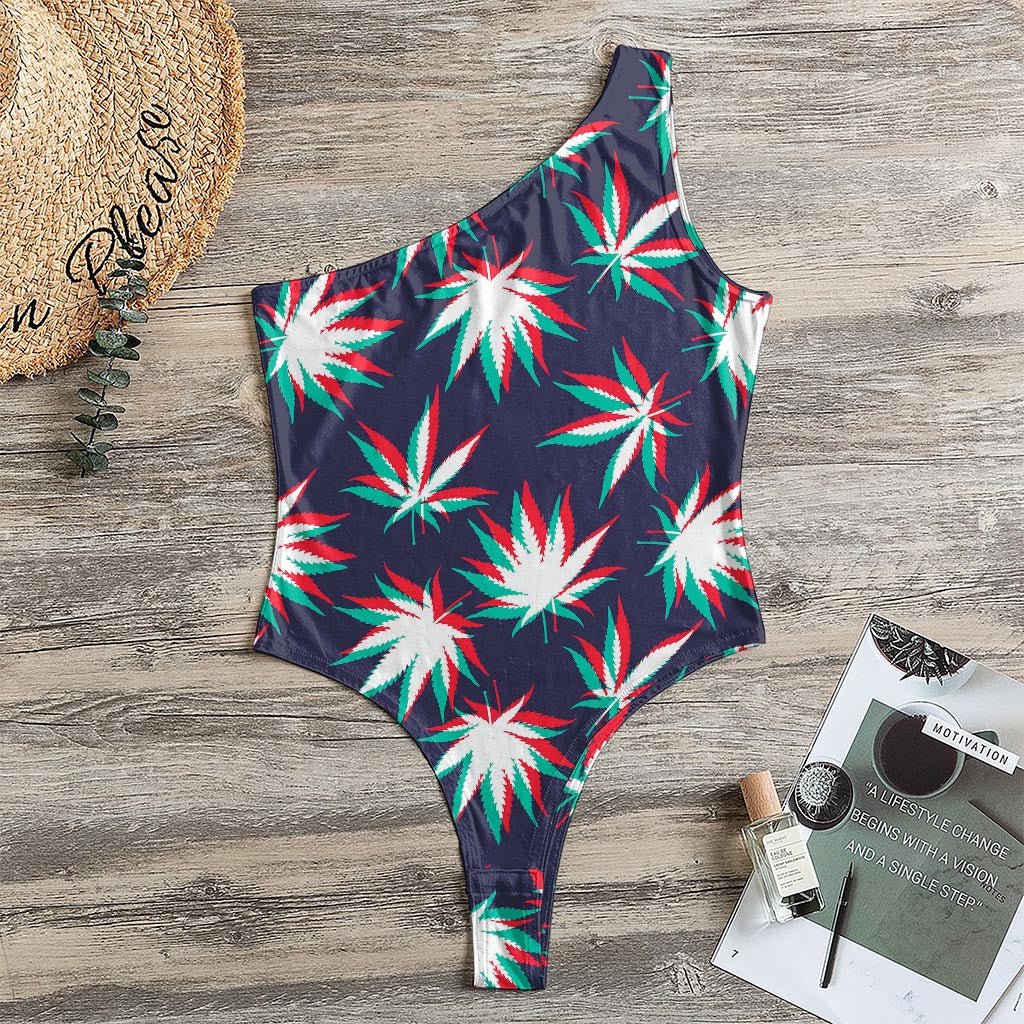 Trippy Hemp Leaves Reggae Pattern Print One Shoulder Bodysuit