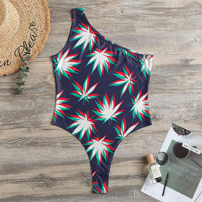 Trippy Hemp Leaves Reggae Pattern Print One Shoulder Bodysuit