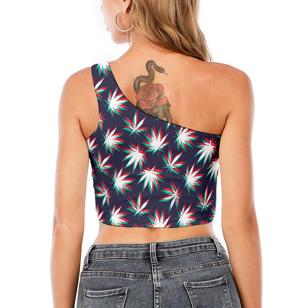 Trippy Hemp Leaves Reggae Pattern Print One Shoulder Crop Top