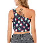 Trippy Hemp Leaves Reggae Pattern Print One Shoulder Crop Top
