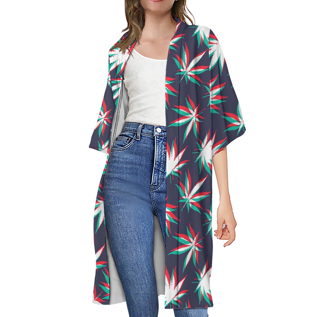 Trippy Hemp Leaves Reggae Pattern Print Open Front Beach Cover Up