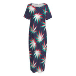 Trippy Hemp Leaves Reggae Pattern Print Short Sleeve Long Nightdress