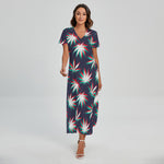 Trippy Hemp Leaves Reggae Pattern Print Short Sleeve Maxi Dress