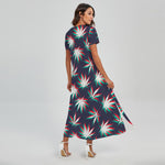 Trippy Hemp Leaves Reggae Pattern Print Short Sleeve Maxi Dress