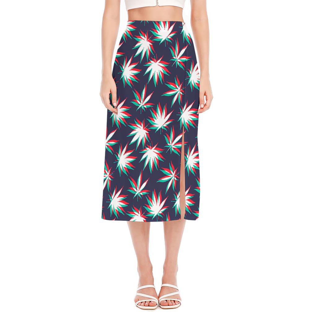 Trippy Hemp Leaves Reggae Pattern Print Side Slit Midi Skirt