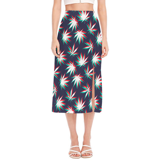 Trippy Hemp Leaves Reggae Pattern Print Side Slit Midi Skirt