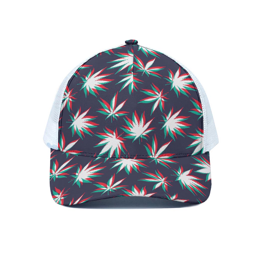 Trippy Hemp Leaves Reggae Pattern Print White Mesh Trucker Cap