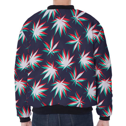 Trippy Hemp Leaves Reggae Pattern Print Zip Sleeve Bomber Jacket