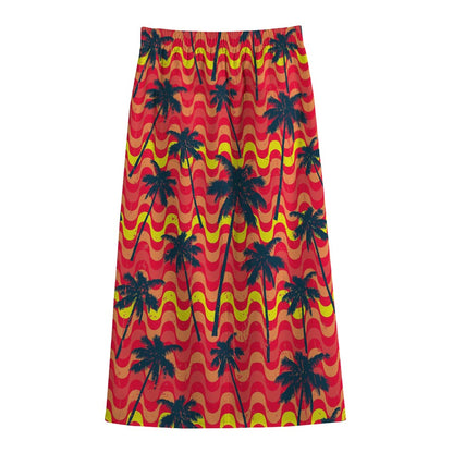 Trippy Palm Tree Pattern Print Cotton Front Slit Maxi Skirt