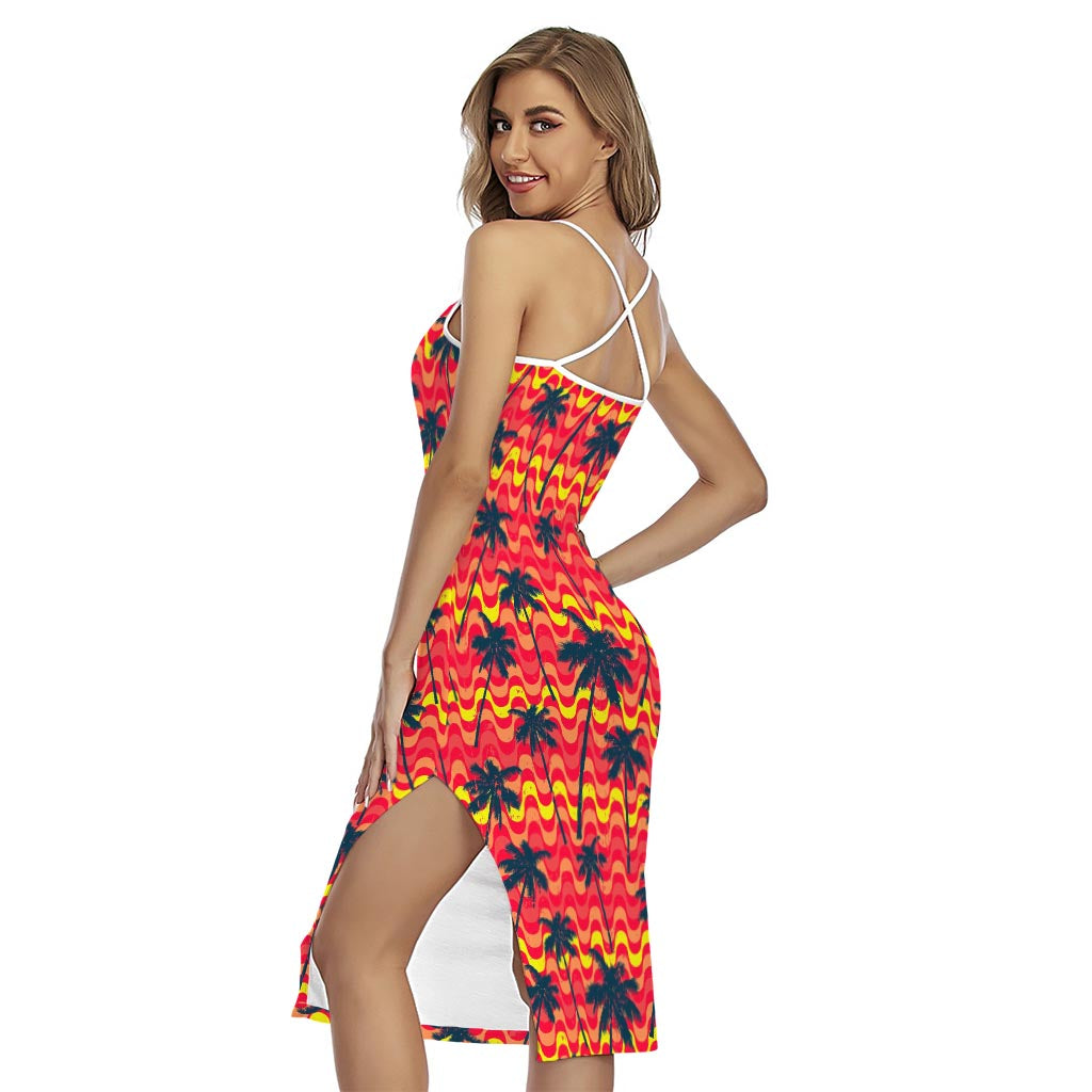 Trippy Palm Tree Pattern Print Cross Back Cami Dress