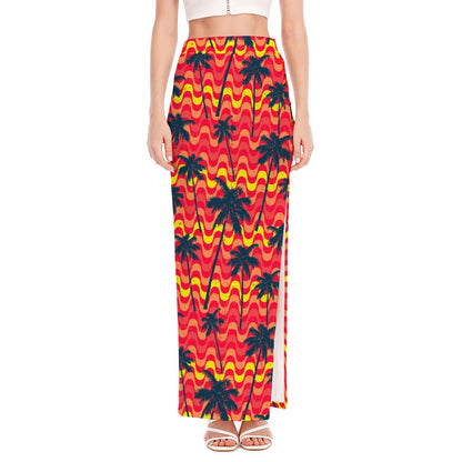 Trippy Palm Tree Pattern Print High Slit Maxi Skirt