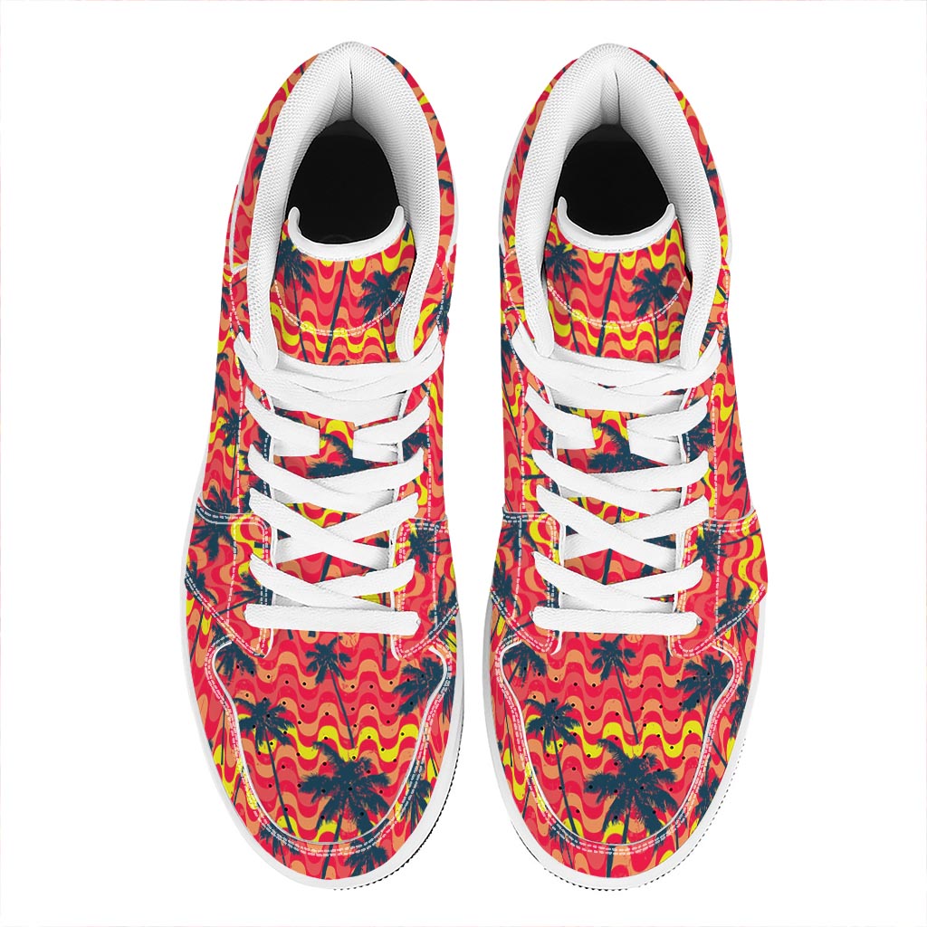 Trippy Palm Tree Pattern Print High Top Leather Sneakers