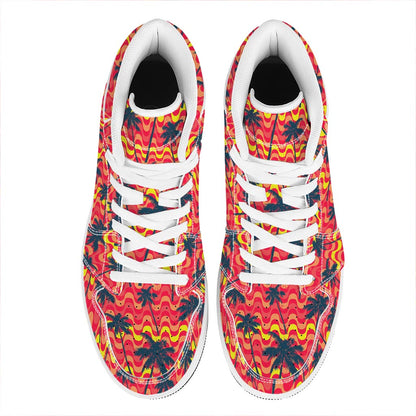 Trippy Palm Tree Pattern Print High Top Leather Sneakers