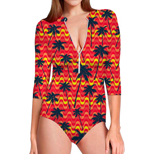 Trippy Palm Tree Pattern Print Long Sleeve Swimsuit