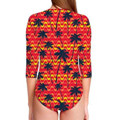 Trippy Palm Tree Pattern Print Long Sleeve Swimsuit