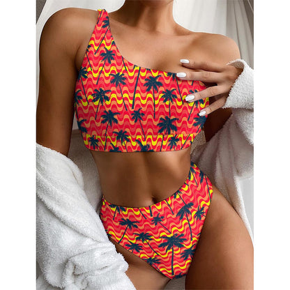 Trippy Palm Tree Pattern Print One Shoulder Bikini Top