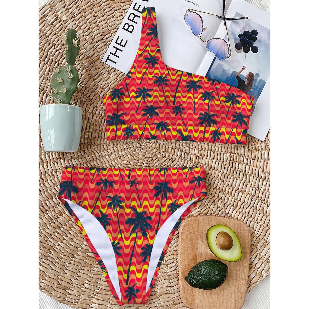 Trippy Palm Tree Pattern Print One Shoulder Bikini Top