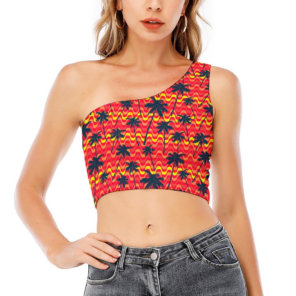 Trippy Palm Tree Pattern Print One Shoulder Crop Top