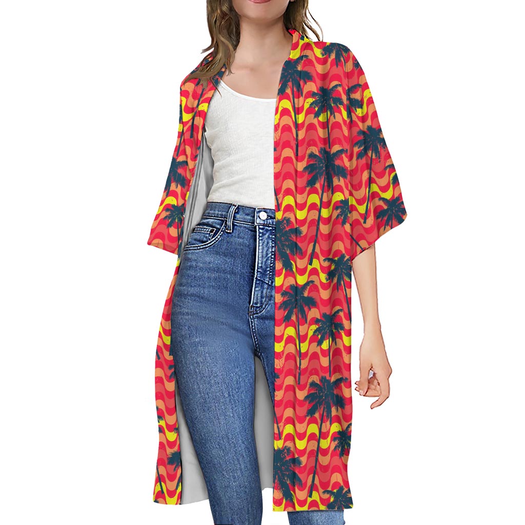 Trippy Palm Tree Pattern Print Open Front Beach Cover Up