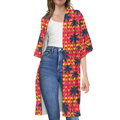 Trippy Palm Tree Pattern Print Open Front Beach Cover Up