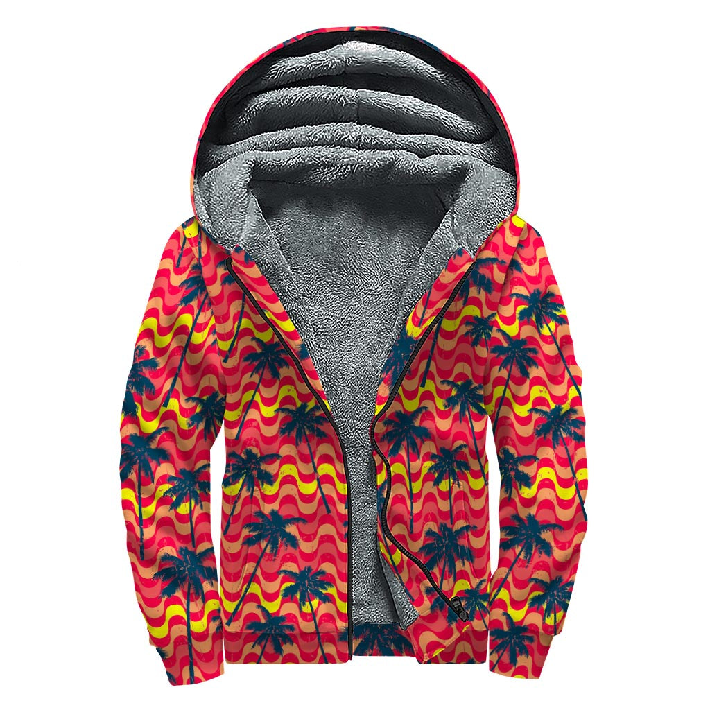 Trippy Palm Tree Pattern Print Sherpa Lined Zip Up Hoodie