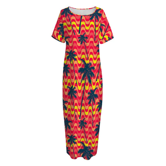 Trippy Palm Tree Pattern Print Short Sleeve Long Nightdress