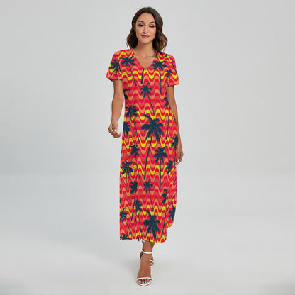 Trippy Palm Tree Pattern Print Short Sleeve Maxi Dress