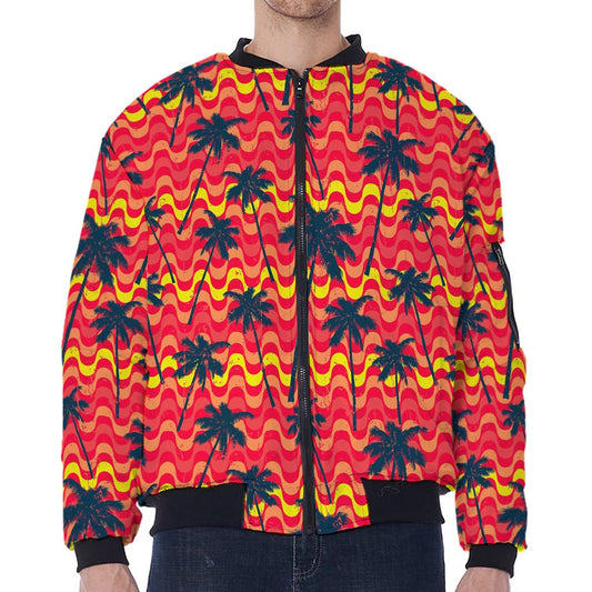 Trippy Palm Tree Pattern Print Zip Sleeve Bomber Jacket