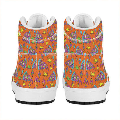 Trippy Pizza Pattern Print High Top Leather Sneakers