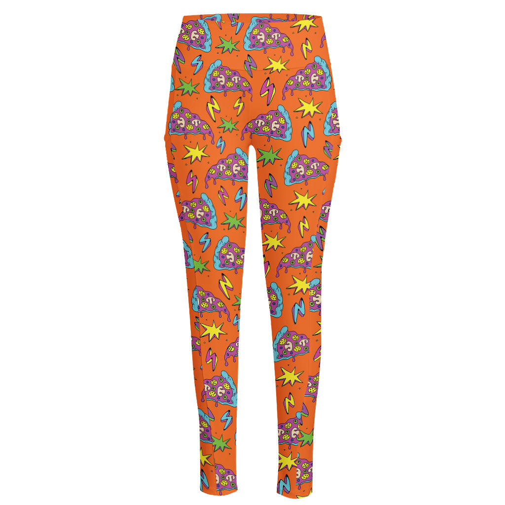 Trippy Pizza Pattern Print High-Waisted Pocket Leggings