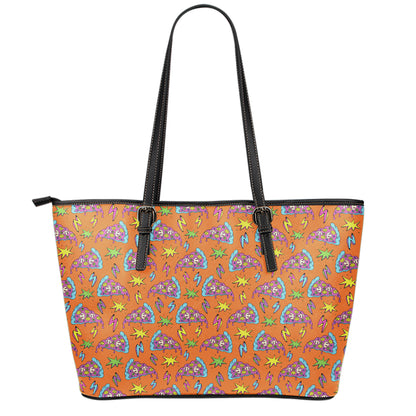 Trippy Pizza Pattern Print Leather Tote Bag