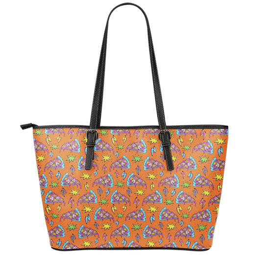 Trippy Pizza Pattern Print Leather Tote Bag