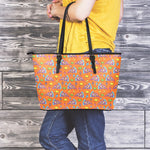 Trippy Pizza Pattern Print Leather Tote Bag