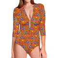Trippy Pizza Pattern Print Long Sleeve Swimsuit