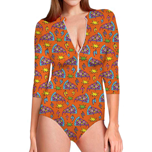 Trippy Pizza Pattern Print Long Sleeve Swimsuit