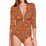 Trippy Pizza Pattern Print Long Sleeve Swimsuit