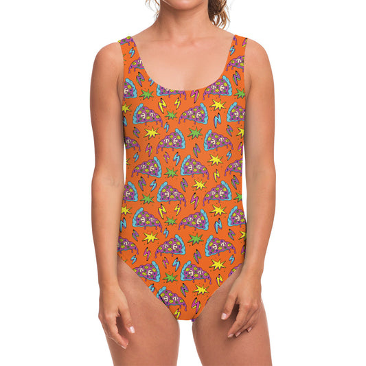 Trippy Pizza Pattern Print One Piece Swimsuit