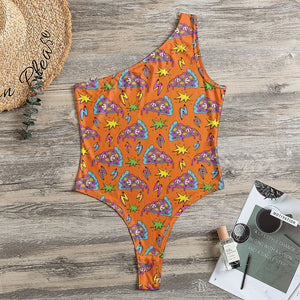 Trippy Pizza Pattern Print One Shoulder Bodysuit