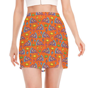 Trippy Pizza Pattern Print Side Slit Mini Skirt