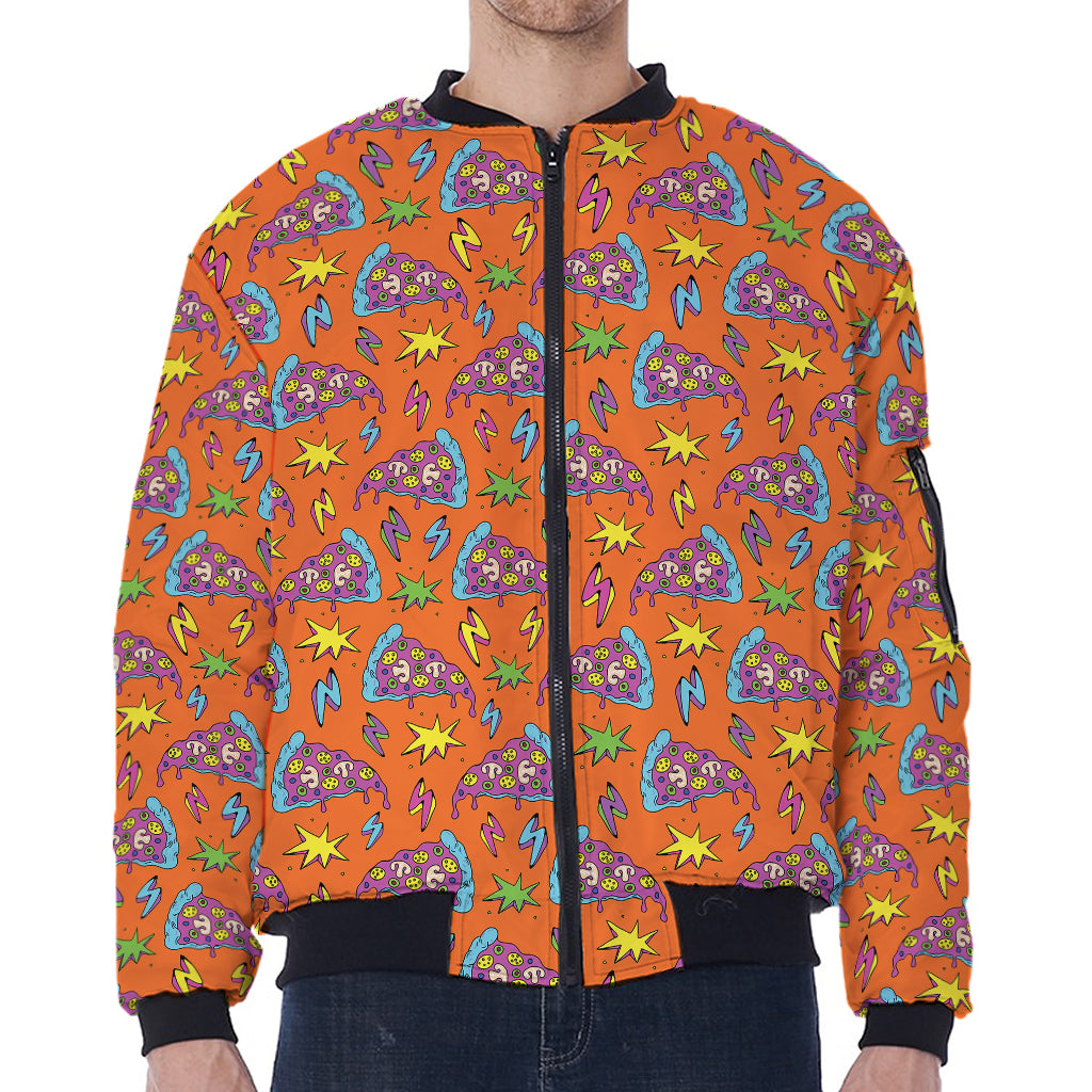 Trippy Pizza Pattern Print Zip Sleeve Bomber Jacket