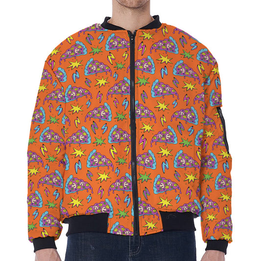 Trippy Pizza Pattern Print Zip Sleeve Bomber Jacket